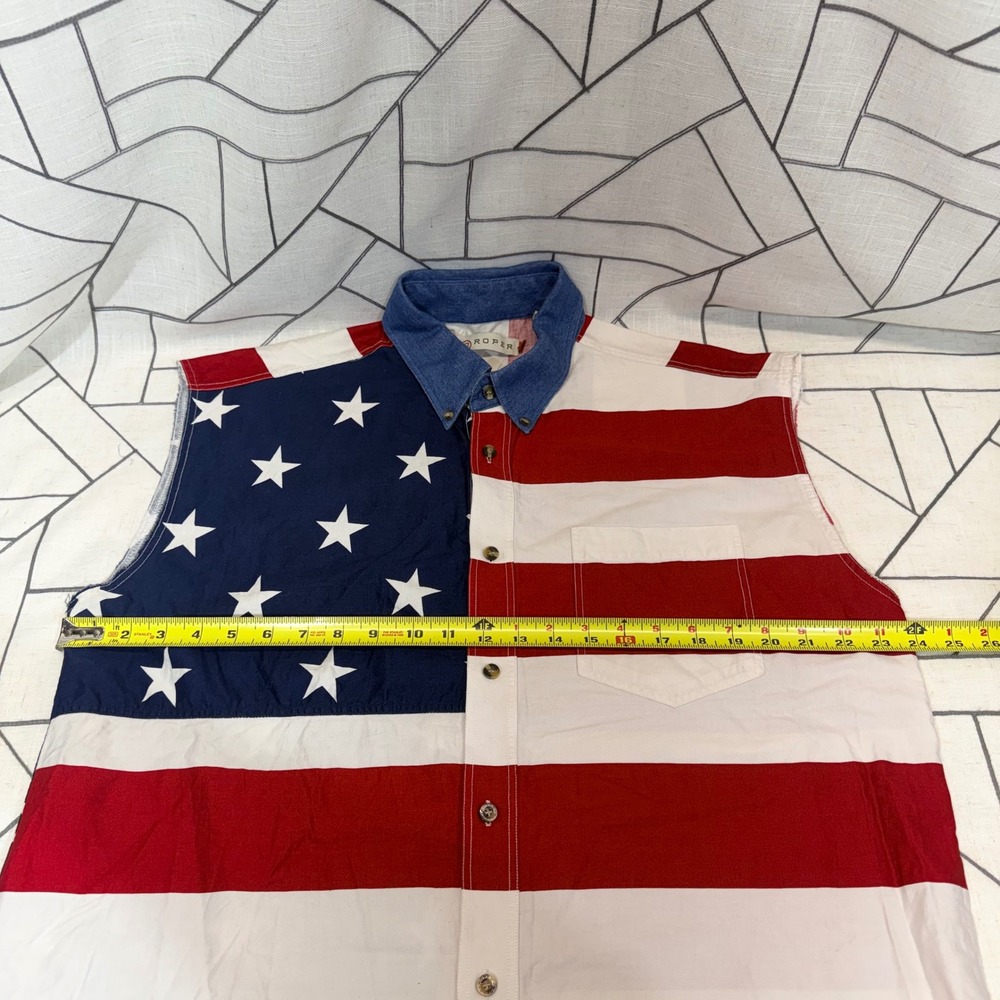 Roper Sleeveless Shirt Large Red White Blue American Flag Patriotic Button Up - Picture 5 of 7